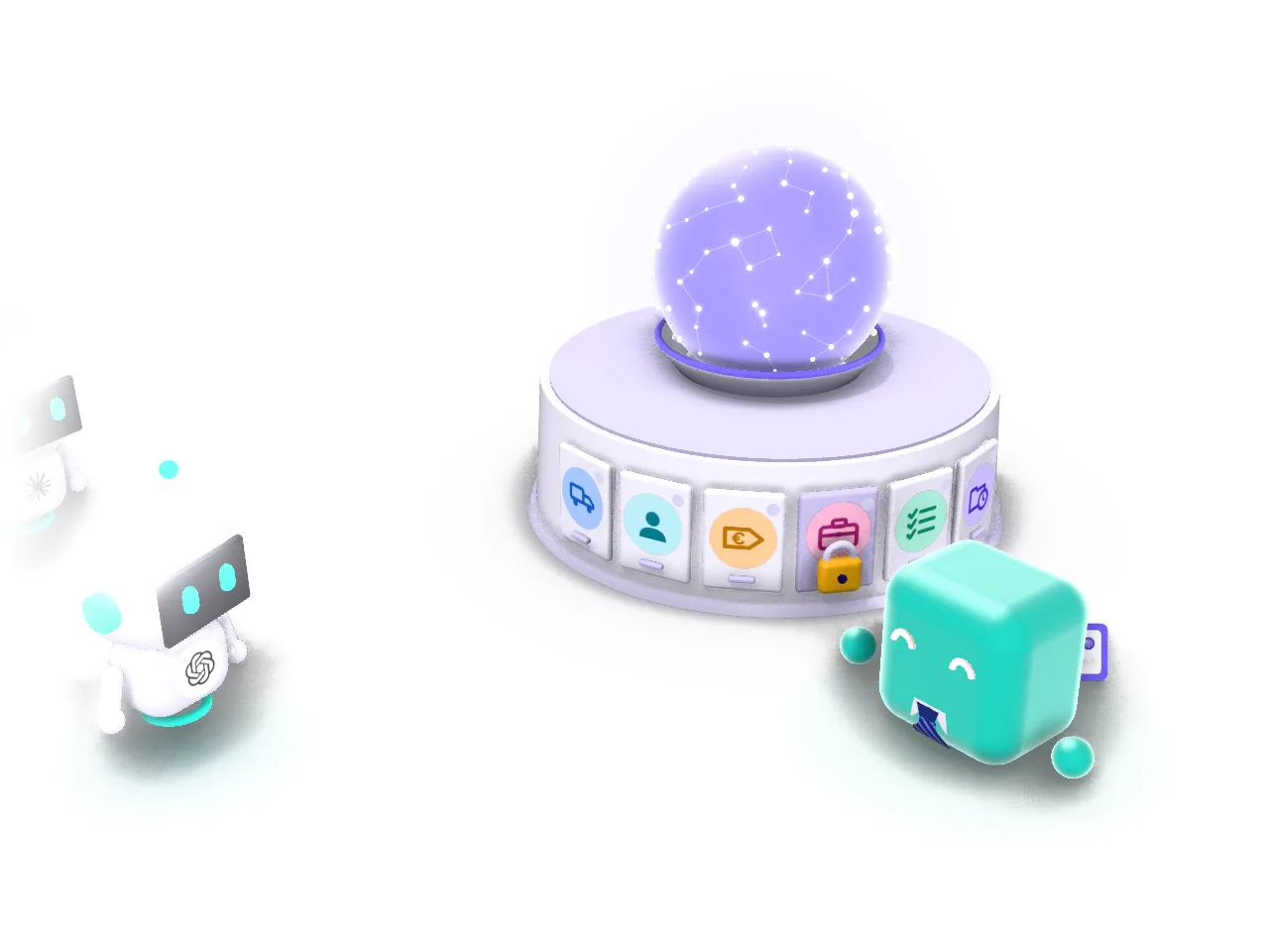 Le dirigeant montre deux tiroirs du socle du cerveau numérique, puis lance un badge violet à un robot, qui le reçoit sur la poitrine et ouvre l'un de ces tiroirs ; un deuxième robot attend son tour.