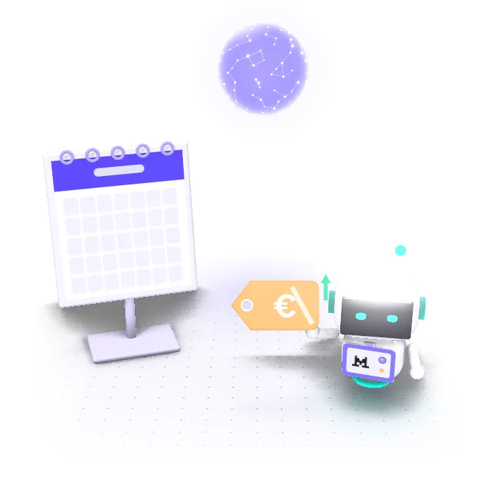 Le robot Mistral tient une étiquette de prix qui se ternit ; la page du calendrier se tourne, le cerveau numérique lui répond en lumière, et l'étiquette retrouve ses couleurs.