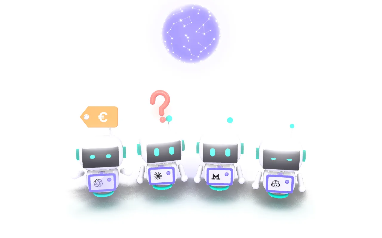 Quatre robots badgés, aux logos de ChatGPT, Claude, Mistral et Copilot, sous le cerveau numérique. Tour à tour, un point d'interrogation surgit au-dessus de l'un d'eux ; le cerveau lui répond en lumière jusqu'à son badge, et le point d'interrogation devient ce qu'il cherchait : une étiquette de prix, un camion de fournisseur, une fiche de procédure, une fiche client.