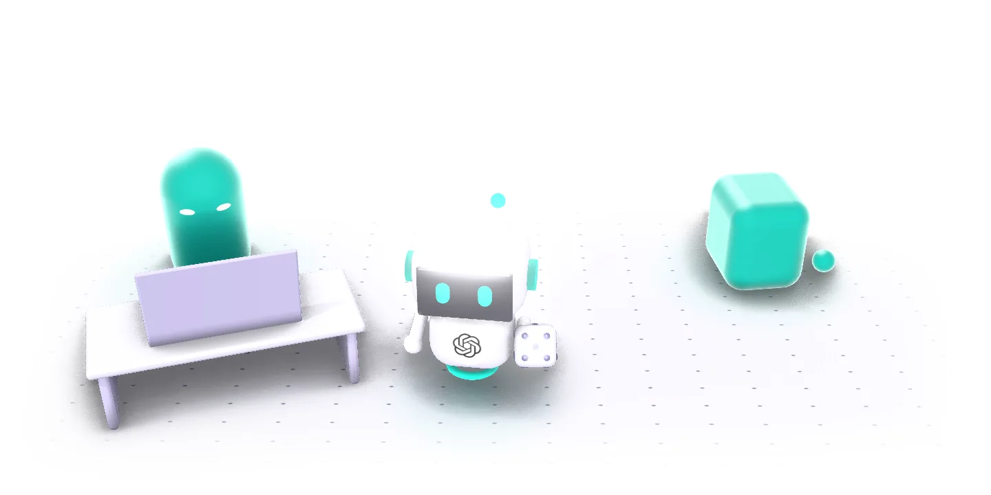 Une commerciale tape sa question ; son robot ChatGPT, très fier, lance un dé et montre sa réponse : une face de dé à côté d'un pourcentage. Elle se fige, perdue ; au fond, le dirigeant met les mains sur les joues.