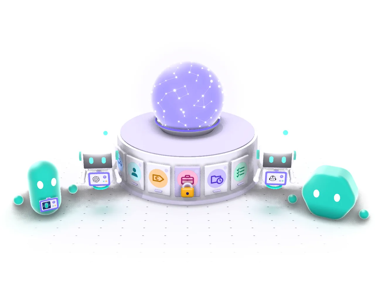 Autour du socle à tiroirs du cerveau numérique, chaque robot n'ouvre que les tiroirs de sa personne. Le robot de la commerciale présente son badge au tiroir Confidentiel : le badge passe au gris et le cadenas doré tient ; elle lève son propre badge, identique, et sourit.